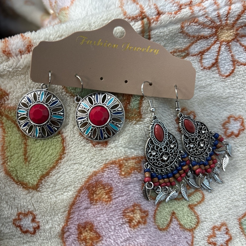 Fashion Jewelry Red and Silver Boho Earrings